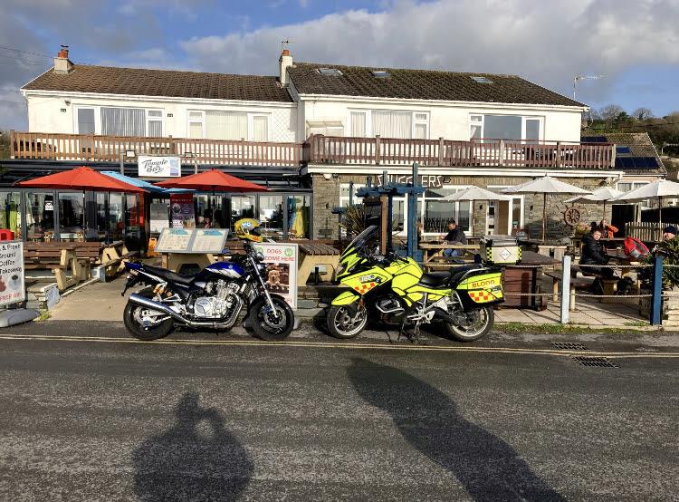 Pictured outside the Temple Bar Inn are Blood Bikes Wales 